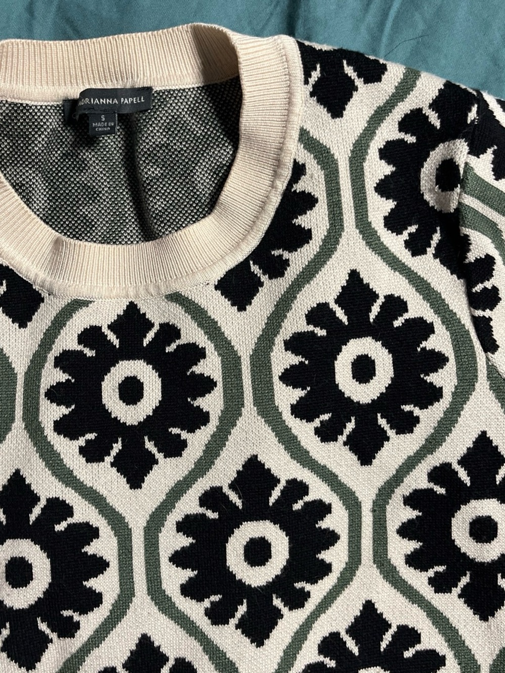 Adrianna Papell Cream green & Black Patterned Crewneck Sweater
